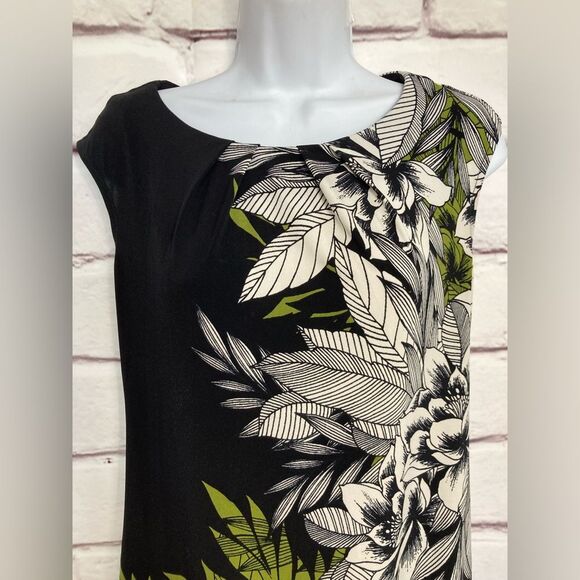 London Times Dress SZ 4 Black White Green Floral Length Sheath Cap Sleeve Summer - Picture 2 of 12